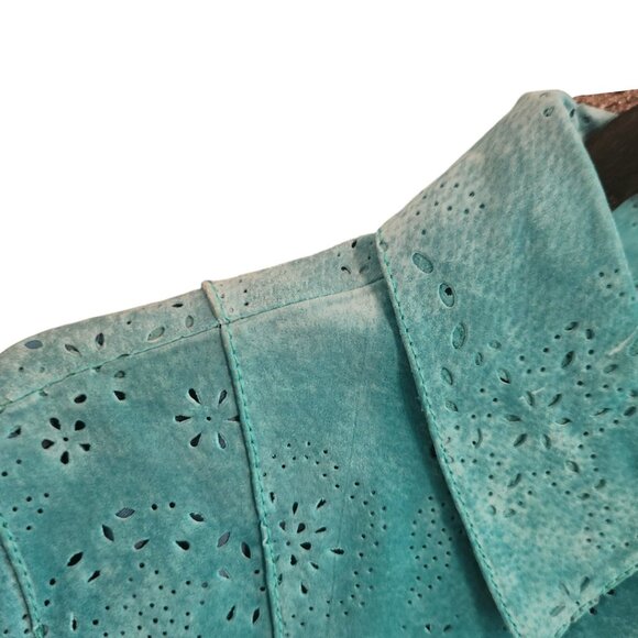Saguaro Turquoise Laser Cut Suede Leather Jacket Size Small - Picture 4 of 11